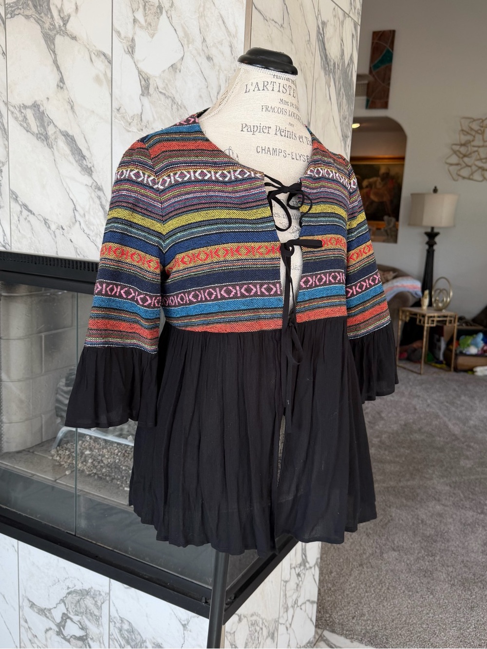Pleione Anthropology Multicolor Striped Yoke Black Tie-Front Peasant Top M - Picture 4 of 9